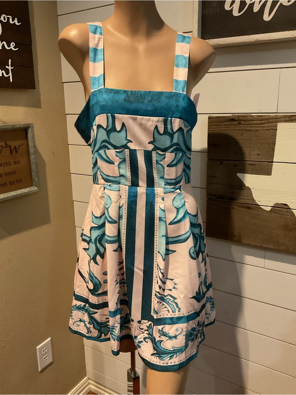 Dipped Shop Blue White Tile Majolica Print Porcelain Mini Dress Small NWT
